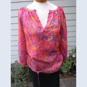 Blouse: Silk, orange/fuchsia, waist tie, long sleeve. Size M - by Ralph Lauren